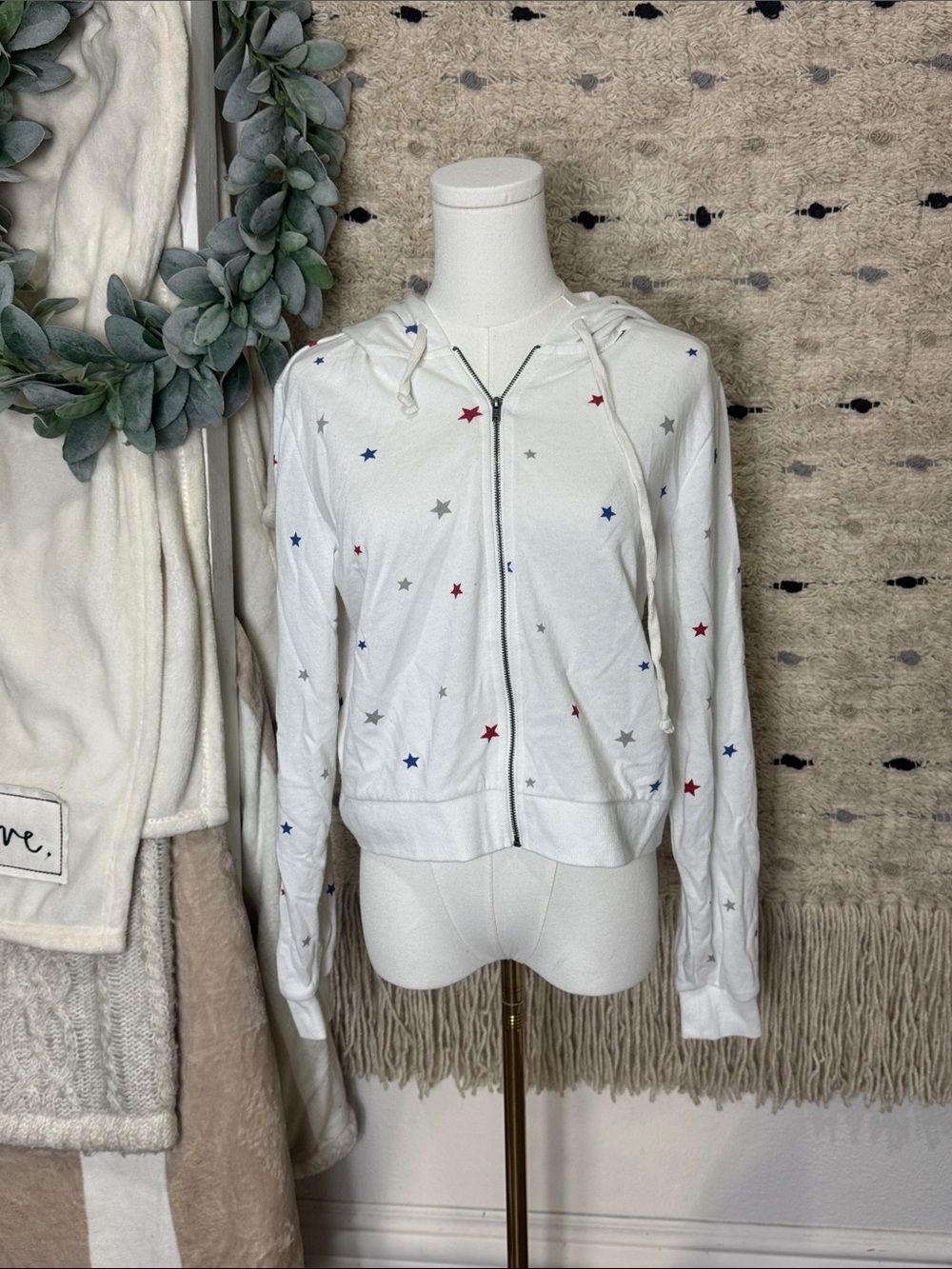 Alternative White red and blue Star-Print Zip Hoodie size M